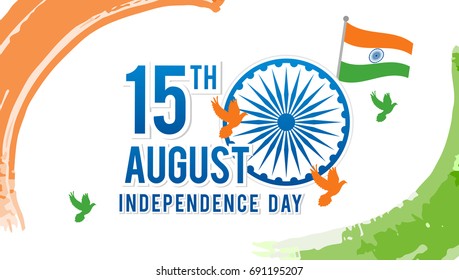 Indian Independence Day on August 15th Vector illustration, Indian flag and Ashoka chakra wheel (spinning wheel) with birds on watercolor brush stroke background.