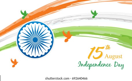 Indian Independence Day on August 15th Vector illustration, Indian flag and Ashoka chakra wheel (spinning wheel) with birds on watercolor brush stroke background.