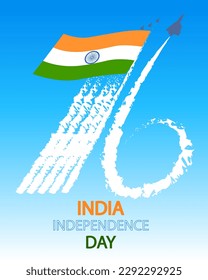 Indian Independence Day poster banner  On a blue sky background  a tricolor orange-white-green flag  Planes wrote the number 76 in the sky Vector