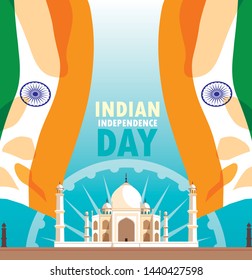 indian independence day poster with flag and taj majal mosque