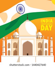 indian independence day poster with flag and taj majal mosque