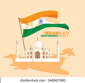 indian independence day poster with flag and taj majal mosque