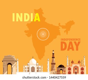 indian independence day poster with group of buildings