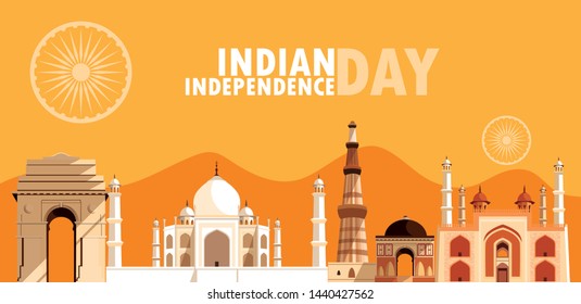 indian independence day poster with group of buildings