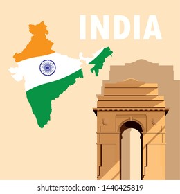 indian independence day poster with map flag and gate