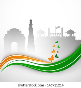 Indian Independence Day or Republic Day background with view of India Gate, Kutubminar and Red Fort.