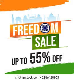 Indian Independence Day Sale, Tricolor, Freedom Sale, Sale Poster, Flyer, Ribbon, 55% Off, Stylish Sale Background with Ashoka Wheel for 15th of August celebration.