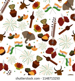 Indian Independence Day Seamless Pattern - Fireworks, flags, lotus flower, turban, spices, candles, sitar, pungi, cobra, elephant, and cow