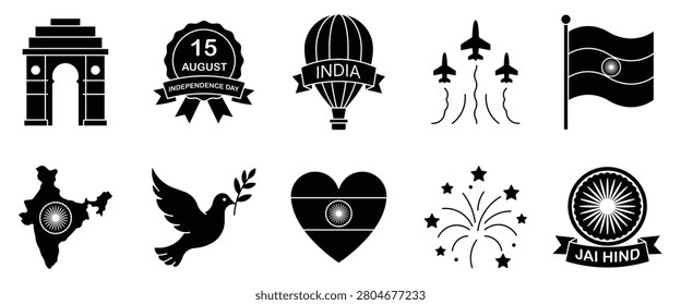 Indian independence day solid icon set. Featuring india gate, flag, ashoka chakra, map, fighter jets, dove, balloon, jai hind badges.