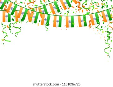 Indian Independence Day template on white background. Vector illustration with saffron and green flags, ribbon and confetti for Happy Independence Day celebration. design for 15th August.