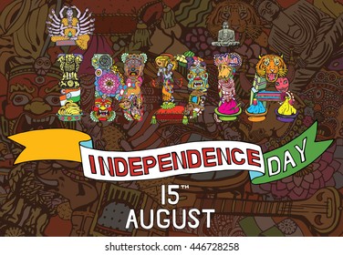 Indian Independence Day theme. National symbols of 15 August. India card with Text. Vector Type with Indian Objects. 