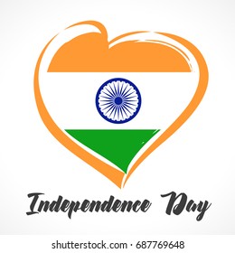 Indian Independence Day vector concept background with heart in national flag colors and greeting text. Love India Indeprndence day emblem