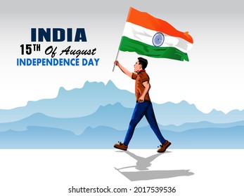 
Indian Independence day vector illustration background tricolor flag a men walking with flag