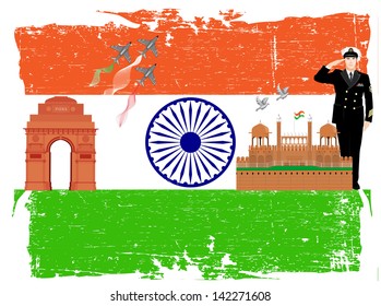 Indian Independence and Republic Day background with Ashoka Wheel, Red Fort, India Gate and a saluting soldier on national flag grungy background.