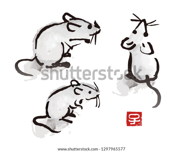 鼠の年を表す十二支の赤印のネズミとネズミのイラストを描いたインドの墨画 のベクター画像素材 ロイヤリティフリー