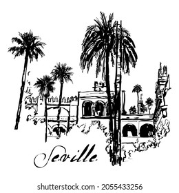 Indian ink drawing representing a view of Seville in Spain - vector illustration