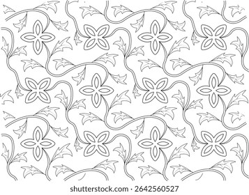 Indian Inspired Seamless Floral Vine Pattern, Seamless black and white line art illustration featuring an intricate, repeating pattern of swirling vines, stylized leaves, and four-petal flowers.