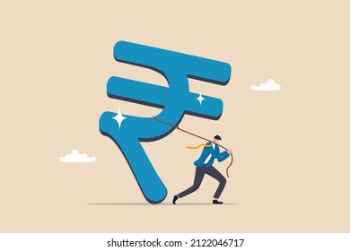 Indian investment opportunity, India economics or financial policy, budget, currency or wages and income concept, success businessman investor pulling large Indian rupee money symbol.