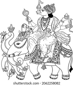 Indian Jainism god Lord manibhadra black and white line art clip art. Jain religious god manibhadra bhagwan black and white isolated drawing clip art.