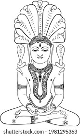 Indischer Jainismus Gott Lord Parshwanath schwarz-weiße Linie Kunst Clipart Kunst-Kunst. Jain religiösen Gott parshwanath Bhagwan Schwarz-Weiß isoliert Zeichenkette Kunst.