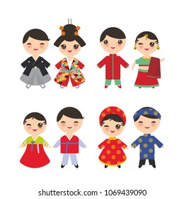 Indian Japanese Koreans Vietnamese Kawaii boys and girls in national costume. Cartoon children in traditional dress isolated on white background. Vector