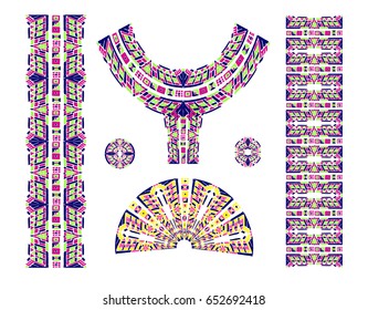 Indian jewel. Embroidery on fabric. Ethnic pattern. Print on neckline. Asian ornament. Tribal art. Japanese, African, Aztec, Oriental pattern. The decoration of clothes. Lace, ribbon, border.