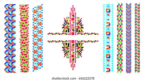 Indian jewel. Embroidery on fabric. Ethnic pattern. Print on neckline. Asian ornament. Tribal art. Japanese, African, Aztec, Oriental pattern. The decoration of clothes. Lace, ribbon, border.