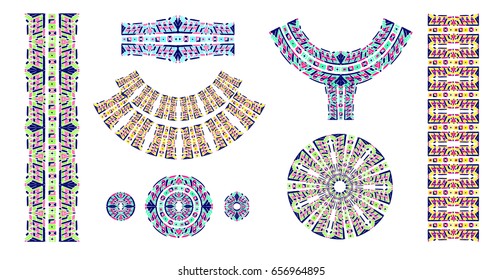 Indian jewel. Embroidery on fabric. Ethnic pattern. Print on neckline. Asian ornament. Tribal art. Japanese, African, Aztec, Oriental pattern. The decoration of clothes. Lace, ribbon, border.