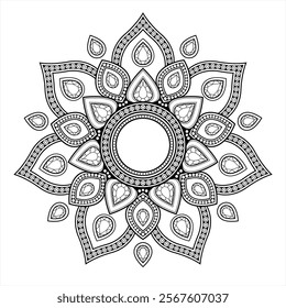 Indian jewelry mandala decorated with diamonds, gems. Rhinestones mandala. Vector illustration for coloring book page