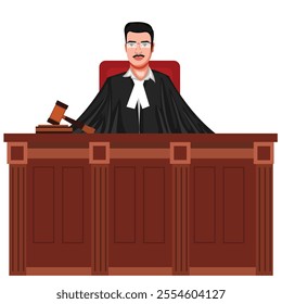 Indian Judge Sitting On A Chair In Front Of A Table Vector Illustration