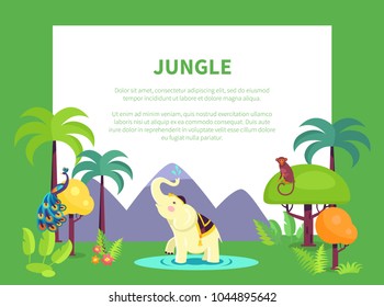 Indian jungle banner with place for text and leafy trees, tall palms, white elephant, bright peacock, funny monkey vector illustration.