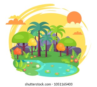 Indian jungle with thick leafy trees, tall palms, fresh grass, thin stream that goes into small lake and massive rocks behind vector illustration.