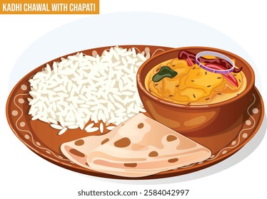 Indian Kadhi Chawal with Chapati Served in Earthen Thali. Traditional Asian Cuisine Detailed Illustration 