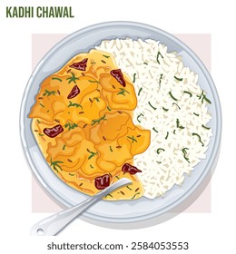 Indian Kadhi Chawal Plate with Spoon. Indian Yogurt Pakora Curry Rice Top View Detailed Illustration 