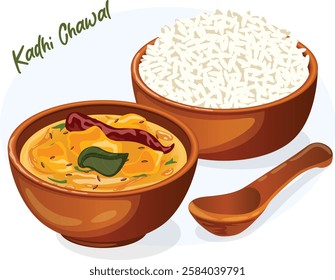 Indian Kadhi and Rice Served in Separate Earthen Bowls with Spoon. Authentic Gujarati Cuisine Detailed Illustration 