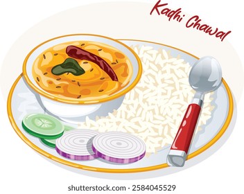 Indian Kadhi Served with Rice, Sliced Onions and Cucumbers on Plate with Spoon. Traditionan Asian Food Art