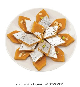 Índia Kaju Katli: Arranjo Floral, Placa Branca Visão Superior