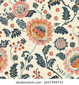Indian kalamkari Oriental Ornamental Seamless Pattern 8. Mughal Ornamental Art. Vector Floral Indian Ethnic Art Print design seamless wallpaper, Mystical Mughal Blooms