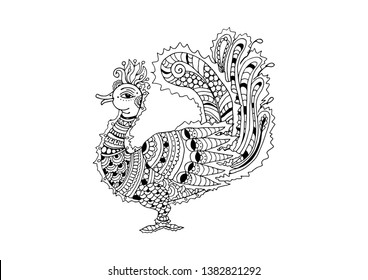 Indian kalamkari style peacock ornamental outline illustration, vector