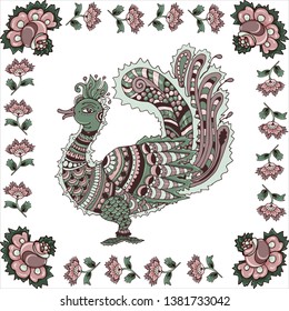 Indian kalamkari style peacock tile, pattern with ornaments, vector