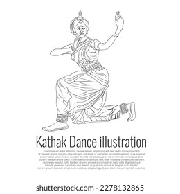 Indian Kathak dance form, Indian lady dancing illustration, Vector line art of a lady