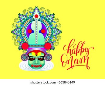 indian kathakali dancer face decorative modern vector illustration with hand lettering for happy onam holiday