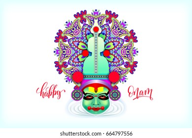 indian kathakali dancer face decorative modern vector illustration with hand lettering for happy onam holiday