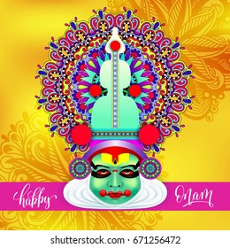 indian kathakali dancer face decorative modern vector illustration with hand lettering for happy onam holiday on abstract floral pattern