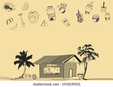 Indian Kerala Old Tea Shop Drawing With Old Kitchen Equipment Design. Illustration Vector.