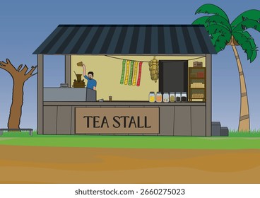 Projeto vetorial da loja de chá indiana Kerala. Vetor de ilustração tradicional da loja de chá de Kerala