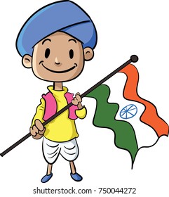 Indian Kid with Indian flag in Indian style costume outfit, 