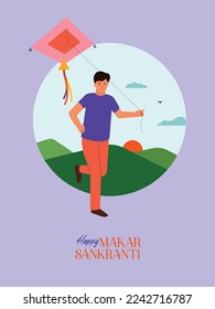 Indian kid flying kite for happy Makar Sankranti Indian festival flat vector art.