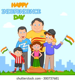 Indian kid hoisting flag of India in vector background