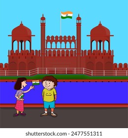 Indian Kids Celebrating Independence Day with National Flag in Front of Red Fort Monument, Can Be Used as Greeting Card.